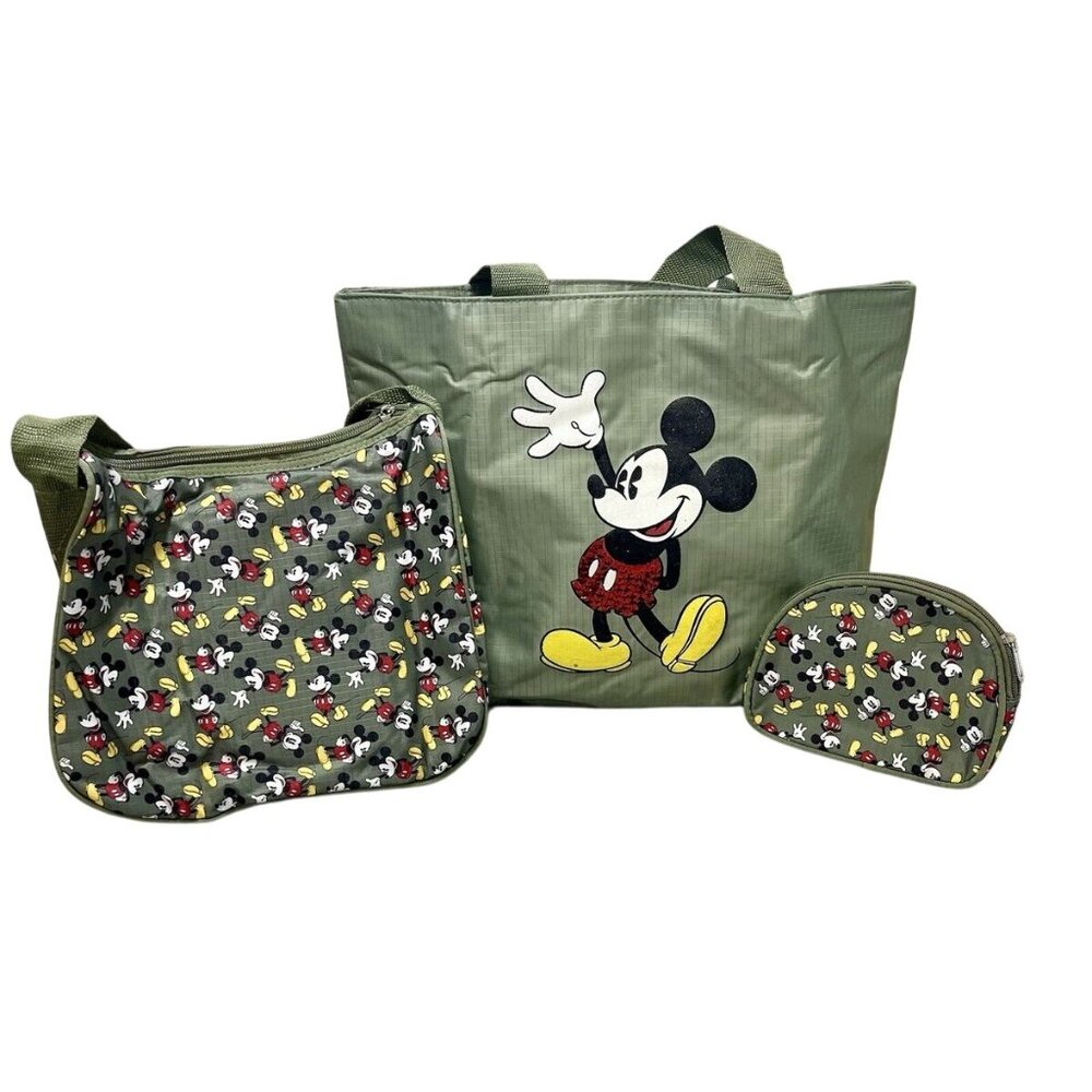 Disney 3pc Mickey Mouse Bag Set Tote Crossbody Cosmetic Ripstop Nylon Green New